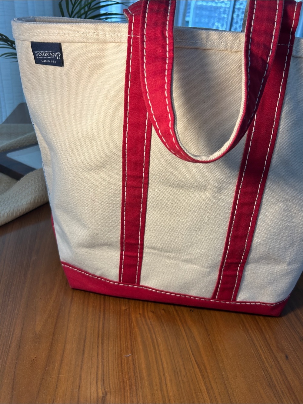 Lands' End Cream Canvas Tote with Red Trim